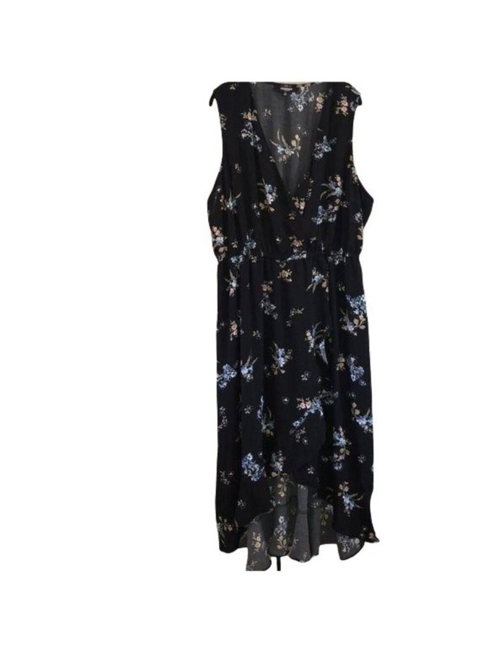 Chelsea Studio Black Floral Sleeveless High Low Dress With Elastic Waist & V-Nec